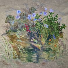 a painting of flowers and plants in water