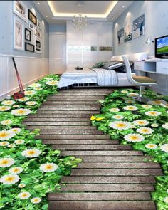 the floor is covered with flowers and leaves in this bedroom, which has stairs leading up to