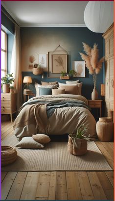 a bedroom with blue walls and wooden floors