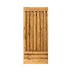 a wooden door with vertical slats on the side and bottom panel, in front of a white background