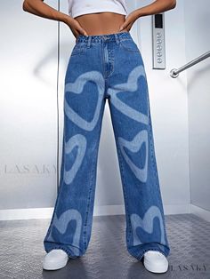 Lasaky - Chic Heart Print High-Waist Loose-Fit Casual Denim Trousers with Stylish Design Printed Denim Pants, Korean Design, Casual Denim Pants, Plus Size Vintage, Printed Jeans, Pantalon Large, Blue Outfit, Type Of Pants, Denim Trousers