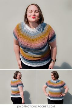 a woman wearing a multicolored crocheted sweater