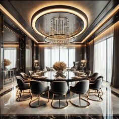 an elegant dining room with chandelier and round table surrounded by black leather chairs