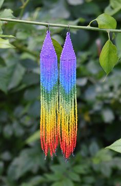 two pairs of multicolored beaded earrings hanging from a branch with leaves in the background