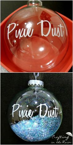 two glass ornaments that say pure dust and the words pure dust in white letters on them