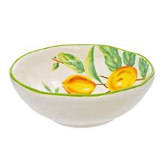 a bowl with two oranges painted on the side and green trim around the rim