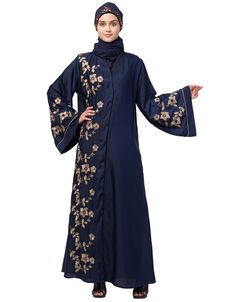 Chic Right side and both sleeve Resham Embroidery Front open Abaya Navy Blue Flared, Modest, Nida, Partywear, Navy Blue, Gold, Abayas, XS, S, M, L, XL, 2XL, 3XL, 4XL, 5XL, 6XL, 7XL:Arabic Attire Festive Long Thobe With Floral Embroidery, Long Sleeve Abaya With Intricate Embroidery For Eid, Eid Long Sleeve Abaya With Intricate Embroidery, Long Embroidered Abaya For Eid, Traditional Kaftan With Embroidered Sleeves For Eid, Embroidered Blue Long Sleeve Abaya, Eid Long Abaya With Intricate Embroidery, Long Sleeve Blue Abaya With Floral Embroidery, Blue Long Abaya With Dabka Work