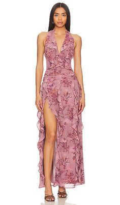 Find NBD Divya Maxi Dress In Mauve on Editorialist. NBD Divya Maxi Dress in Mauve. - size L (also in M, XL) NBD Divya Maxi Dress in Mauve. - size L (also in M, XL) So beautiful and effortlessly femme, the NBD Divya Maxi Dress in Mauve Floral is featured in a timeless A-line silhouette and halter style with a floral print design and dangling ruffled trims. This maxi can be paired with sleek kitten heels or chunky boots for any occasion.. 100% polyester. Made in China. Hand wash. Fully lined. Hidd Halter Ruffle Dress, Hourglass Dress, Dress Code Wedding, Gown Inspiration, Her Closet, Floral Print Design, Mauve Dress, Red Dress Maxi, Summer Inspo