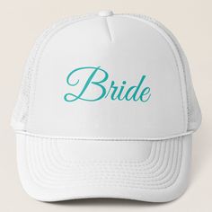 a white trucker hat with the word bride printed on it