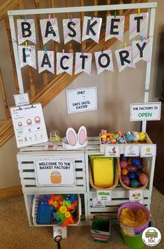 an easter basket factory display with baskets and signs