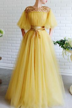 Yellow Tulle Round Neck Beaded Long Prom Dresses, Yellow Tulle Formal Graduation Evening Dresses Yellow Prom Dress Long, Romantic Prom Dress, Tulle Evening Gown, Yellow Formal Dress, Yellow Prom Dress, Yellow Prom, Off Shoulder Evening Dress, Prom Dress Long, Prom Dresses Yellow