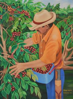 a painting of a man picking berries from a tree with his hands in a bucket