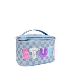 The one and only glam bag worthy of your trendy tween! With its smooth checkered denim exterior and radiantly reflective bubble-letter appliqués, this packing wonder will be their next fave bag to stash their 'STUFF' in! Measures Approx. - 5.50”H x 8.00”W x 5.00”D Trendy Everyday Bag With Letter Patch, Imvu Outfits Ideas, Imvu Outfits Ideas Cute, Downtown Raleigh, Imvu Outfits, Bubble Letter, Glam Bag, Bubble Letters, Train Case