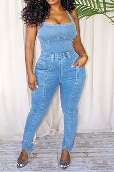 Details: Material: Denim Sleeve Type: Sleeveless Neckline: Spaghetti Strap Length: Long Fit Type: Slim Fit Elastic: Yes Size(Inch) Bust Waist Hips Top Length S 33.9 26.0 37.0 55.5 M 35.4 27.6 38.6 55.9 L 37.0 29.1 40.2 56.3 XL 38.6 30.7 41.7 56.7 XXL 44.1 38.2 47.6 57.1 XXXL 46.5 40.6 50.0 57.5 XXXXL 48.8 42.9 52.4 57.9 XXXXXL 51.2 45.3 54.7 58.3 Tips: Due to the many variations in monitors, the color in the image could look slightly different, please take physical design and color shall prevail. Please allow 0.4""-1"" differs due to manual measurement. Solid Sleeveless Denim Jumpsuit For Summer, Sleeveless Solid Denim Jumpsuit For Summer, Fitted Jumpsuits And Rompers With Spaghetti Straps And Pockets, Fitted Sleeveless Overalls, Sleeveless Denim Blue Stretch Jumpsuit, Sleeveless Light Wash Summer Jumpsuits And Rompers, Sleeveless Light Wash Jumpsuits And Rompers For Summer, Sleeveless Stretch Denim Jumpsuit, Sleeveless Stretch Denim Blue Jumpsuits And Rompers