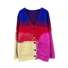 Fabric: Knit Multicolor Knit V-neck Cardigan, Multicolor V-neck Color Block Cardigan, Cozy Multicolor V-neck Cardigan, Pink Knit Color Block Cardigan, Pink Color Block Knit Cardigan, Multicolor V-neck Sweater For Layering, Cozy Knit Color Block Cardigan, Winter Knit Cardigan With Color Matching, Multicolor Color Block Cardigan