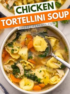 This Chicken Tortellini Soup is loaded with vegetables, tender chicken, and hearty cheese tortellini and cooked in a flavorful broth! Easily made stove top or crockpot with fresh or frozen chicken! Stovetop Soup, Chicken Barley Soup, Soup Italian, Chicken Tortellini Soup, Chicken Tacos Easy, Bread Dishes, Chicken Tortellini, Hearty Meal, Easy Soup