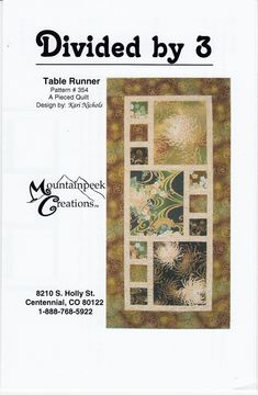 an advertisement for a table runner with pictures on the front and back cover, which reads divided by 3