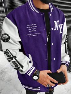 Men Slogan Graphic Two Tone Varsity Jacket Purple Casual  Long Sleeve Knitted Fabric Colorblock,Letter Varsity Slight Stretch  Men Clothing, size features are:Bust: ,Length: ,Sleeve Length: Purple Jacket Outfit Men, Black And Purple Outfit, Varsity Jacket Outfit Mens, Purple Varsity Jacket, Collage Jacket, Varsity Jacket Outfit, Baseball Jacket Men, Hoodie Outfit Men, Purple Streetwear