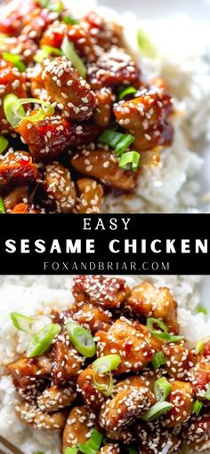 sesame chicken on top of white rice with green onions