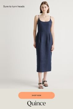 Crafted from the finest quality linen sourced from Europe, our 100% European Linen Scoop Neck Midi Dress is soft, breathable, and lightweight, making it the perfect choice for warm weather. The elegant scoop neck and midi length of the dress make it a versatile addition to any wardrobe. Whether you're dressing it up for a special occasion or keeping it casual for a day out, this dress is sure to turn heads.  | Quince | Women's 100% European Linen Scoop Neck Midi Dress in Deep Navy, Size Medium Relaxed Fit Linen Dress For Brunch, Daywear Linen Midi Dress With Straight Neckline, Linen Midi Dress With Straight Neckline For Daywear, Straight Neckline Linen Midi Dress For Daywear, Fitted Linen Midi Dress With Straight Neckline, Linen Dress With Straight Neckline For Brunch, Scoop Neck Midi Dress, Silk Tee, Boyfriend Cardigan