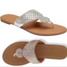 Nwt. New With Tags, Beautiful Sandals. Perfect To Wear With Outfits To Dress Up And This Can Also Easily Be Dressed Down Shoe Features Jewel And Rhinestone Embellishments Flexible Traction Sole Shoe Construction Polyurethane Upper Polyurethane Lining Tpr Outsole Shoe Details Open Toe Slip-On Padded Footbed Snag This !! Elegant Silver Flat Sandals, Silver Rhinestone Toe Post Sandals, Silver Toe Post Sandals With Rhinestones, Silver Sandals With Rhinestones And Flat Heel, Silver Flat Heel Sandals With Rhinestones, Silver Slip-on Party Sandals, Silver Slip-on Sandals For Party, Silver Slip-on Sandals For Beach, Silver Flat Sandals With Rhinestones