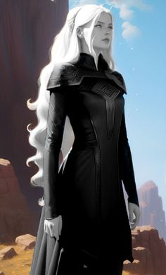 the white haired woman is standing in front of some rocks and mountains, with long hair