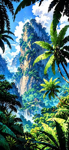 the jungle is full of lush green plants and tall mountains with waterfalls in the distance