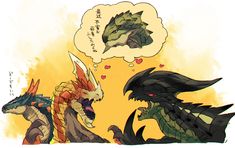 two godzillas are talking to each other in front of a thought bubble that says i love you