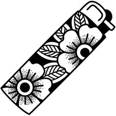 a black and white drawing of a skateboard with flowers on it