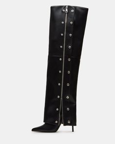 Elevate your style with our STONE fold-over boots. The knee-high design elongates your legs, while the stiletto heel adds a touch of sophistication. The pointed toe, studded detailing, and zipper accents are sure to make a statement. Step out in luxury and turn heads wherever you go. 4 inch heel height Size 6 measurements: 21 inch shaft circumference, 24 inch shaft height Size 8 measurements: 22 inch shaft circumference, 25 inch shaft height Size 10 measurements: 23 inch shaft circumference, 26 Edgy Knee-high Boots With Zipper Closure, Edgy Knee-high Boots With Zipper For Winter, Edgy Winter Knee-high Boots With Zipper, Edgy Winter Knee-high Boots With Zipper Closure, Edgy Knee-high Boots For Formal Occasions, Edgy Formal Knee-high Boots, Edgy Leather Knee-high Boots For Evening, Leather Knee-high Boots With Zipper For Night Out, Edgy Leather Knee-high Boots For Night Out