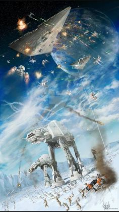 an image of star wars in the sky with many vehicles and people on it, including two