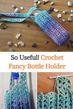 a crocheted bag with the words so useful crochet fancy bottle holder