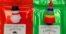 two bags with magnets attached to them that say make your own button and rainbow