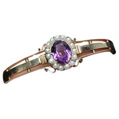 Antique imperial russian era bangle bracelet centered with natural amethyst stone in oval cut flanked with natural white pearls in 14k gold hall marked 56 imperial russian gold standard and assay mark and initial maker mark in cyrllic alphabet dates back to 1900/ 1910s Antique Amethyst Jewelry, Alphabet Dating, Amethyst Jewelry, Gold Bangle, Amethyst Stone, Gold Bangles, Makers Mark, Oval Cut, Bangle Bracelet