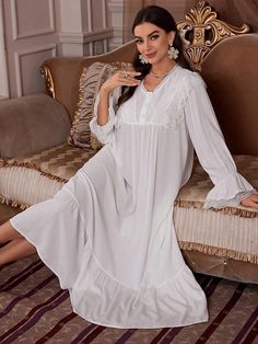 Contrast Lace Flounce Sleeve Ruffle Hem Pajama Nightdress Long Dress White Romantic  Long Sleeve Fabric Plain Nightgowns Non-Stretch All,Fall/Winter Women Sleep & Lounge, size features are:Bust: ,Length: ,Sleeve Length: Lounge Dresses, Casual Striped Shirt, Women's Nightgowns, Lounge Dress, Flounce Sleeve, Casual Stripes, Dress Cover, Long Sleeve Casual, Ruffle Hem