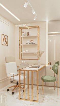 a room with a desk, chair and bookcase in white and gold color scheme