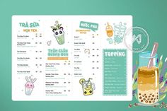 a menu with an image of a drink in the glass and other items around it