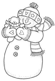 a black and white drawing of a snowman holding a teddy bear in his arms