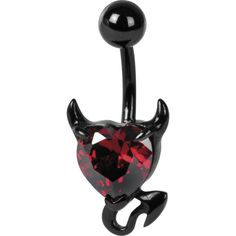 a black and red heart shaped belly ring with an upside down ball on the end