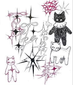 a drawing of cats and stars on a white background