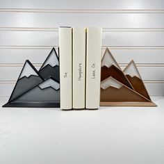 three bookends made out of books with mountains on them