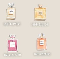 four different types of perfume bottles with labels on them, including one for chanel and the other for chanel