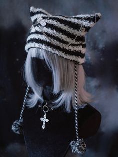 Add a touch of gothic charm to your outfit with this striking heart buckles knitted hat. The black and white striped design gives it a bold and edgy look, while the chain decoration adds an extra element of cool. This hat is perfect for adding a unique flair to your gothic wardrobe.   Please note that this product includes only the hat. Black Hats For Winter Alternative Fashion, Black Winter Hats For Alternative Fashion, Goth Hats, Goth Hat, Gothic Wardrobe, Red Gothic, Steampunk Fashion Male, Gothic Skirts, Gothic Looks