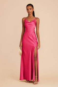 Featuring a 90's cowl neck, this floor-length matte satin bridesmaid dress is a head-turning statuesque beauty. Available in Fuchsia. Our matte satin midi got a glow-up! | Fuchsia Bridesmaid Dress Matte Satin Size Medium | Birdy Grey Lisa Long Bright Pink Satin Dress, Dark Pink Satin Dress, Dark Pink Bridesmaid Dresses, Vestidos Color Fucsia, Fuchsia Dress Outfit, Magenta Bridesmaid Dresses, Bright Pink Maxi Dress, Fuschia Bridesmaid Dresses, Bridesmaid Satin Dresses