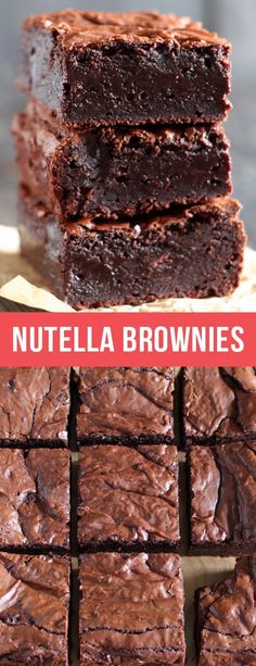 chocolate nutella brownies stacked on top of each other with the words nutella brownies above them