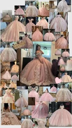 a collage of pink dresses and gowns on display in front of a mirror