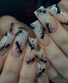 Nails With Ants, Ants Nail Art, Bug Nails Acrylic, Southern Gothic Nails, Nail Art Black Aesthetic, Goth Coffin Nails, Alt Nail Ideas, Crow Nails, Creative Nails Acrylic