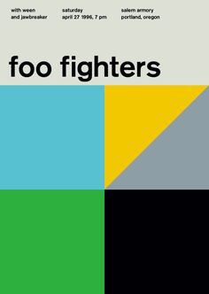 a poster with the words foo fighters in black, yellow and green colors on it