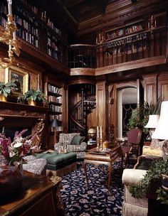 a living room filled with lots of furniture and bookshelves next to a fire place