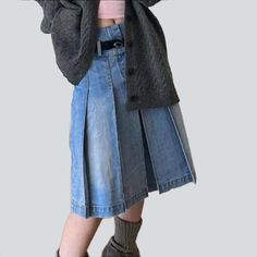 Introducing the 2023 Spring-Summer Collection's knee-length pleated denim skirt. a must-have for any fashionista looking to make a statement! This modern. high-waisted take on the 90s classic features a light wash. midi length. and zipper closure ââ‚?perfect for any occasion.Why You'll Love It: 90s Style Refreshed: Reimagine the classic grunge look with a modern twist. bringing the past back to life. Light Wash: A light wash to ensure the perfect balance between a contemporary feel and vintage v Fall Knee-length Denim Skirt, Fall Denim Knee-length Skirt, High Waist Trendy Relaxed Pleated Skirt, Knee-length Medium Wash Skirt For Fall, Medium Wash Knee-length Skirt For Fall, Medium Wash Knee-length Denim Skirt For Fall, High-waist Cotton Pleated Denim Skirt, High Waist Pleated Cotton Denim Skirt, High Waist Cotton Denim Pleated Skirt